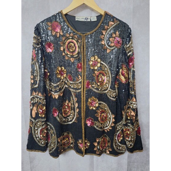 Scala Jackets & Blazers - Vintage Scala Pure Silk Sequin Cardigan Sz L/XL Holiday Party Event Christmas